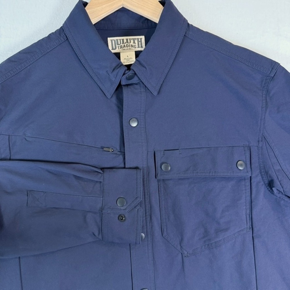 Duluth Trading Co Mens Large AKHG Navy Blue Snap Front Stretch Work Shirt